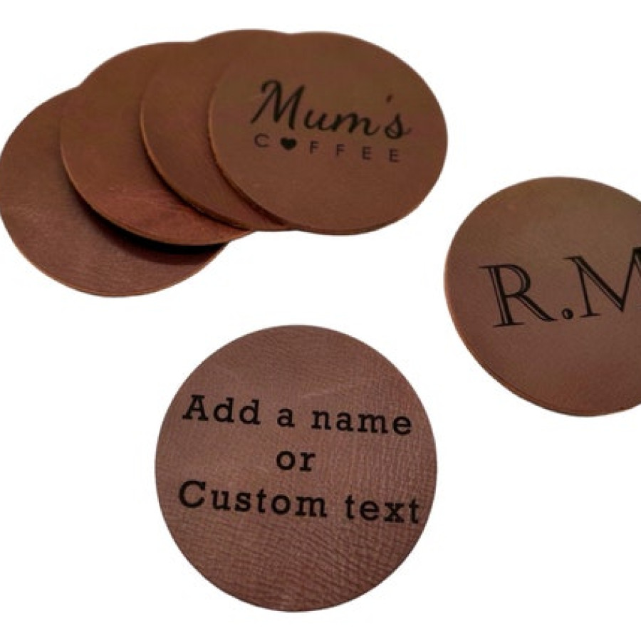 Custom-made / personalised genuine leather vintage round coaster - laser embossed onto 3mm thick veg tan leather 1