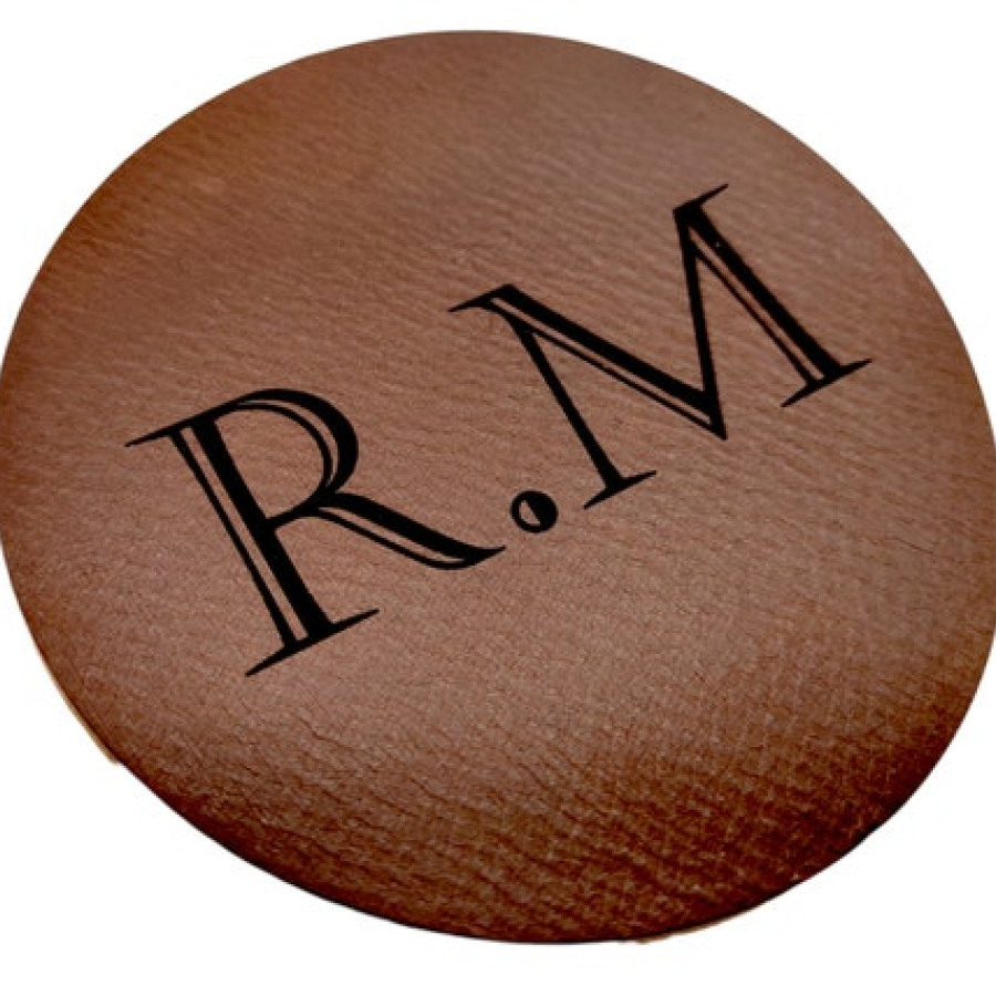 Custom-made / personalised genuine leather vintage round coaster - laser embossed onto 3mm thick veg tan leather 5