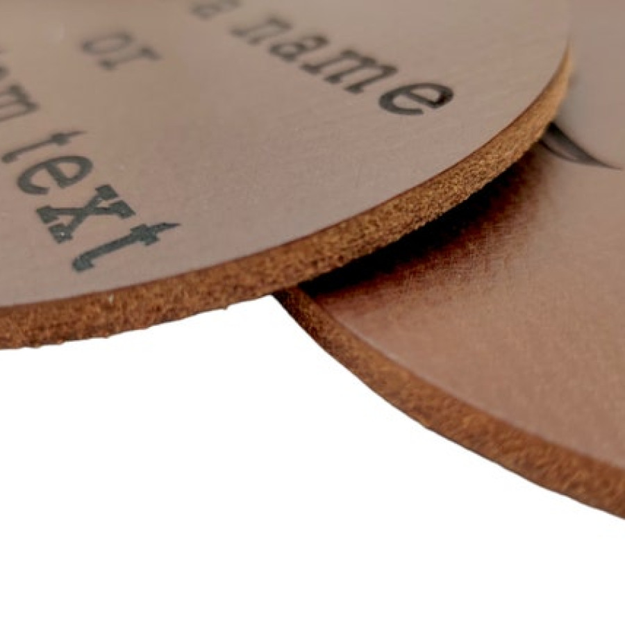 Custom-made / personalised genuine leather vintage round coaster - laser embossed onto 3mm thick veg tan leather 6