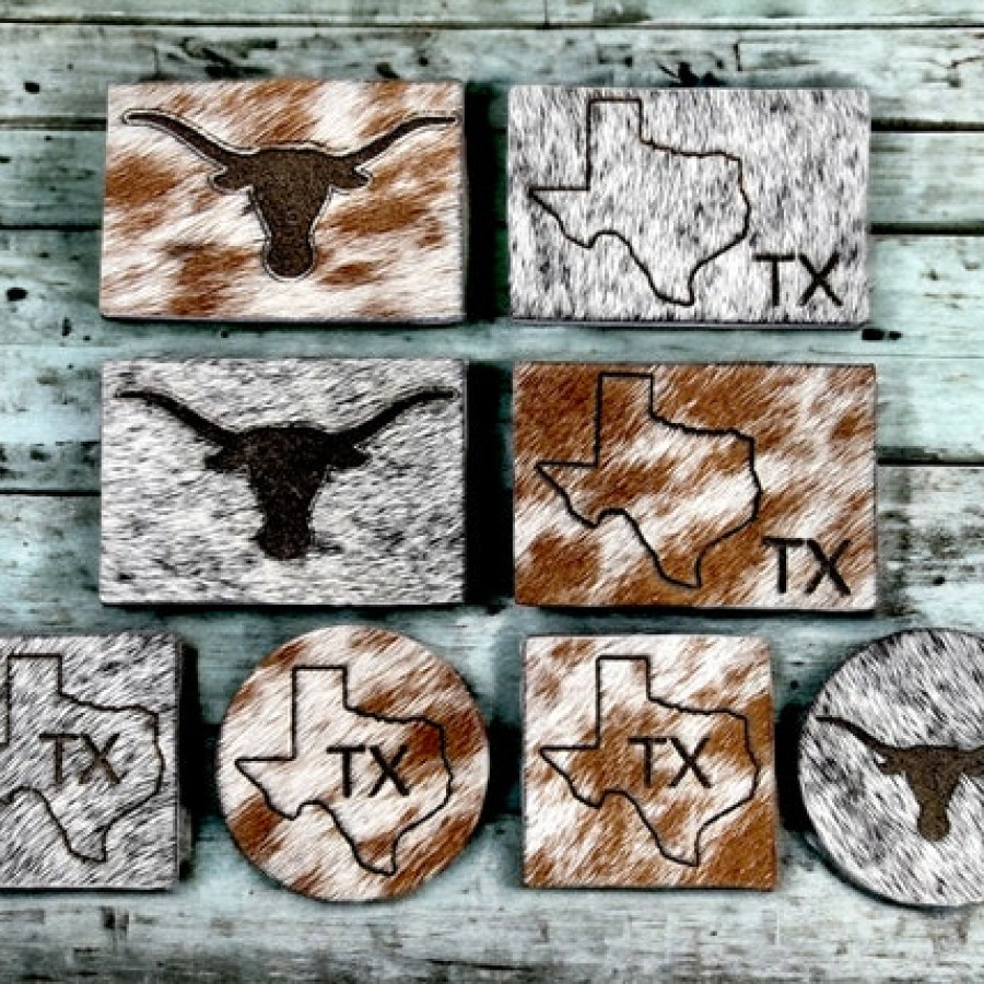 Texas state genuine cowhide velcro or sew-in Patch | laser etched | With Texas state / Longhorn design Rectangle, Circle, square - Hat patch 0