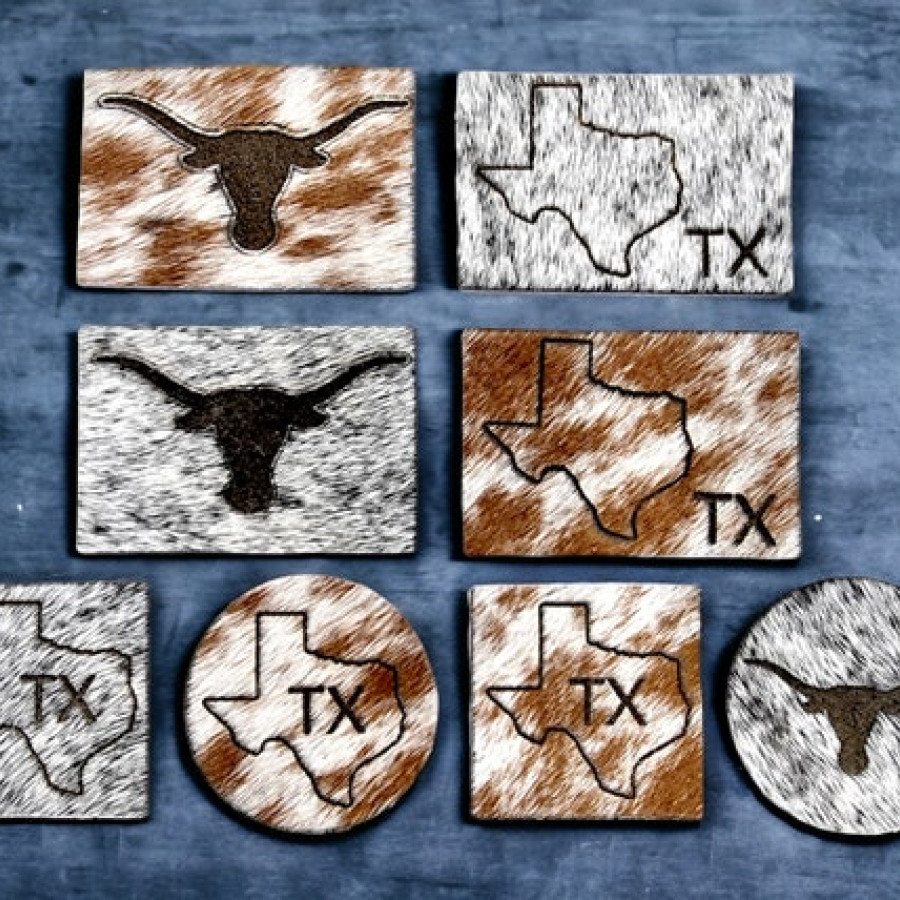 Texas state genuine cowhide velcro or sew-in Patch | laser etched | With Texas state / Longhorn design Rectangle, Circle, square - Hat patch 3