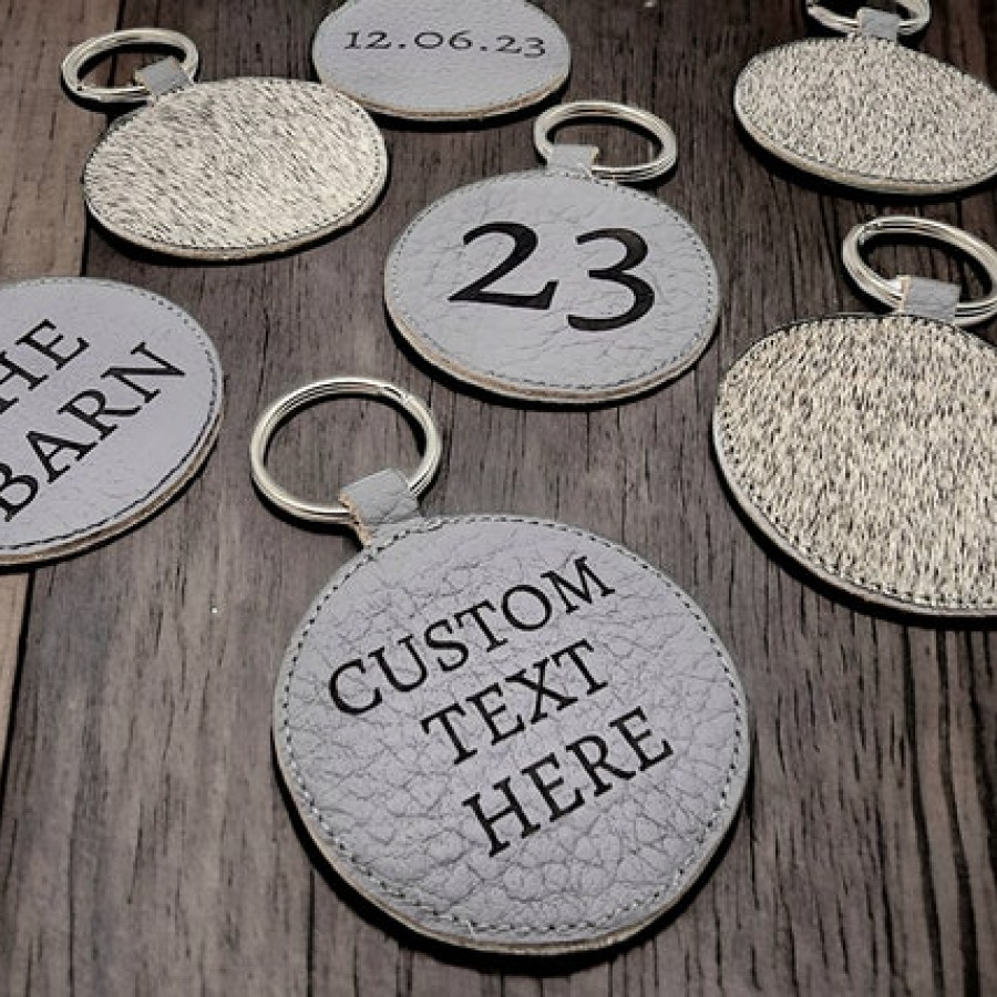 Customised genuine cowhide and leather keyring / keychain with laser engraved text / font of your choice! Housewarming gift / New house 0