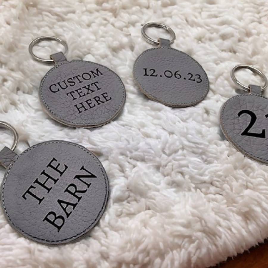 Customised genuine cowhide and leather keyring / keychain with laser engraved text / font of your choice! Housewarming gift / New house 2