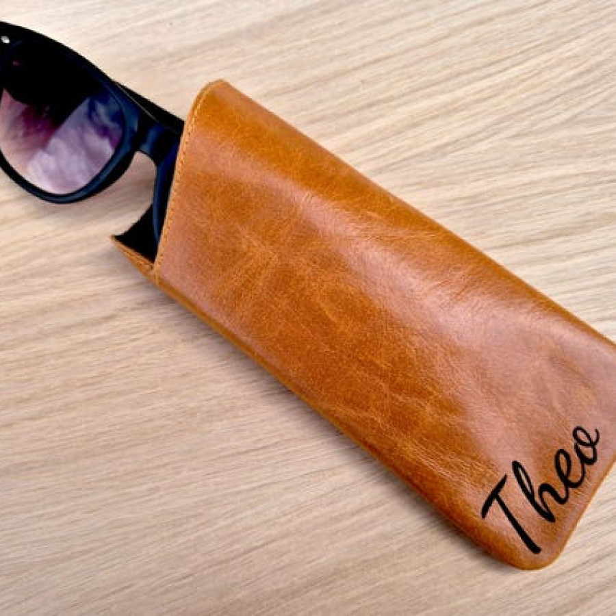 Custom Embossed Genuine Mustang Tan Leather Glasses Case / Customised Leather Sunglasses Case 1