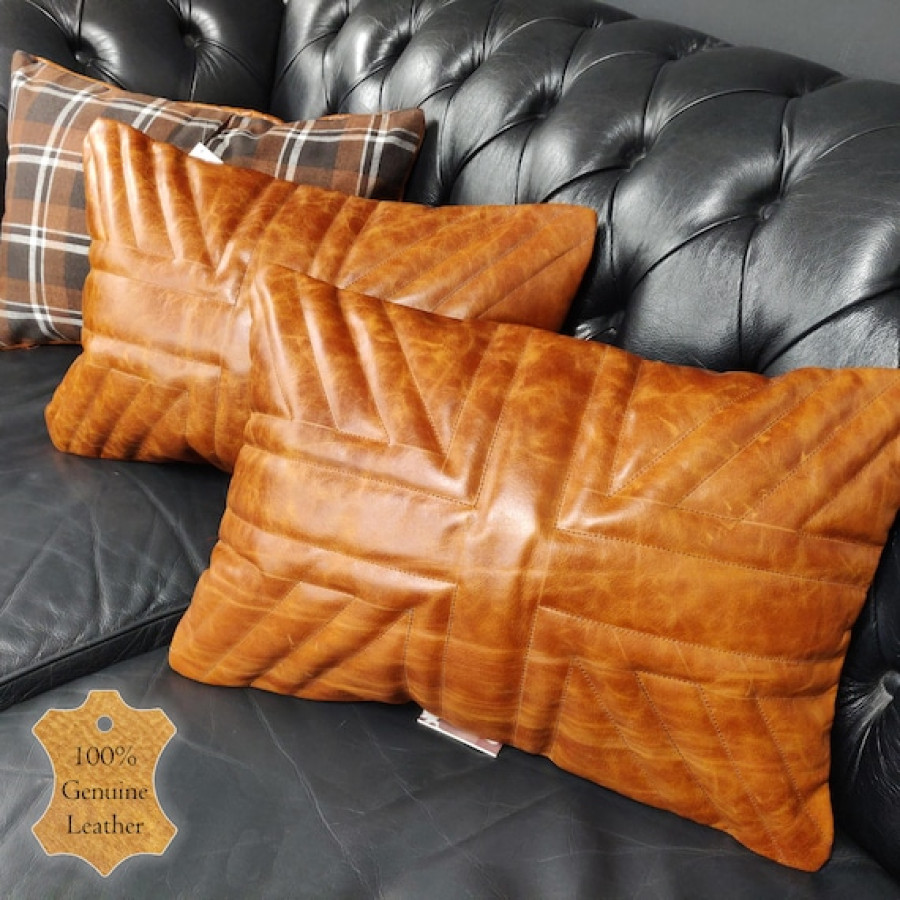 Vintage leather Union Jack vintage cushion cover / pillow cover - In tan or black leather 0