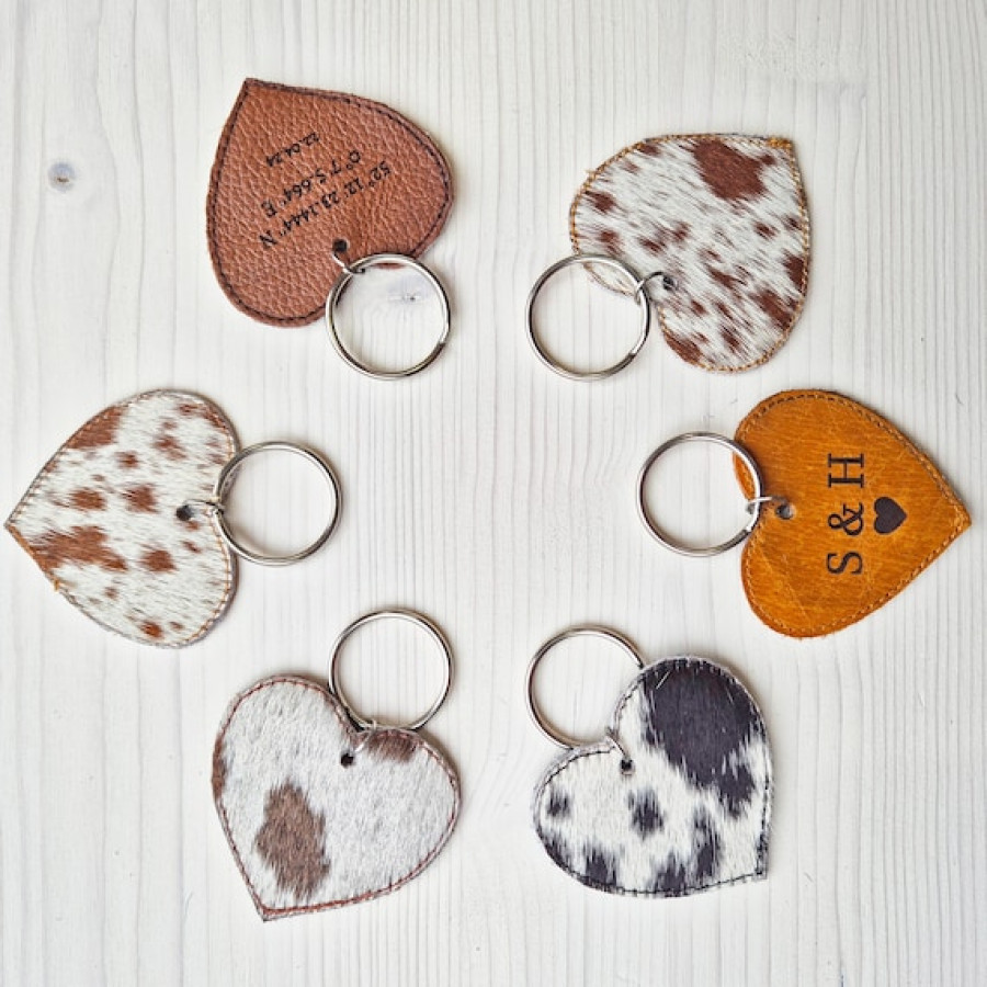 Customisable genuine cowhide and leather double-sided heart-shaped key ring / key chain / bag charm 1