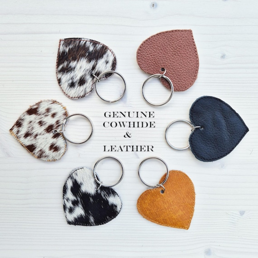 Customisable genuine cowhide and leather double-sided heart-shaped key ring / key chain / bag charm 2