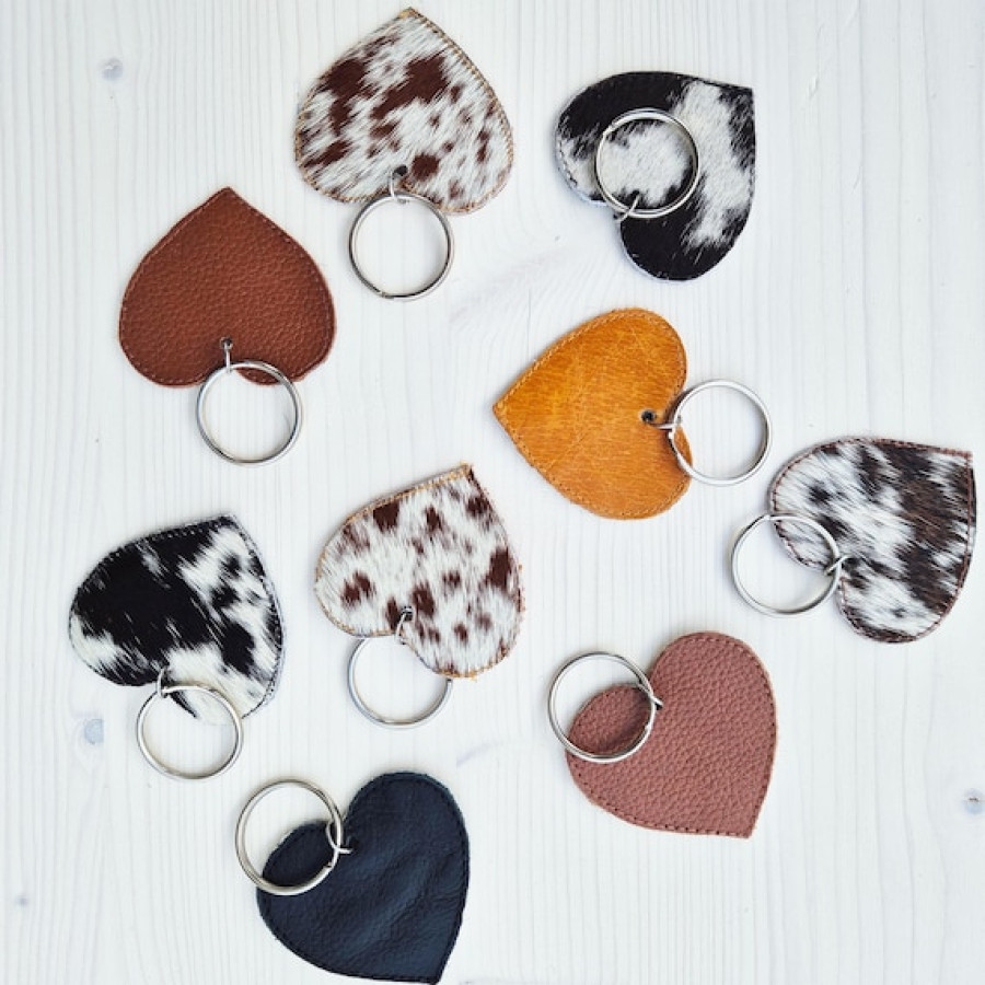 Customisable genuine cowhide and leather double-sided heart-shaped key ring / key chain / bag charm 3