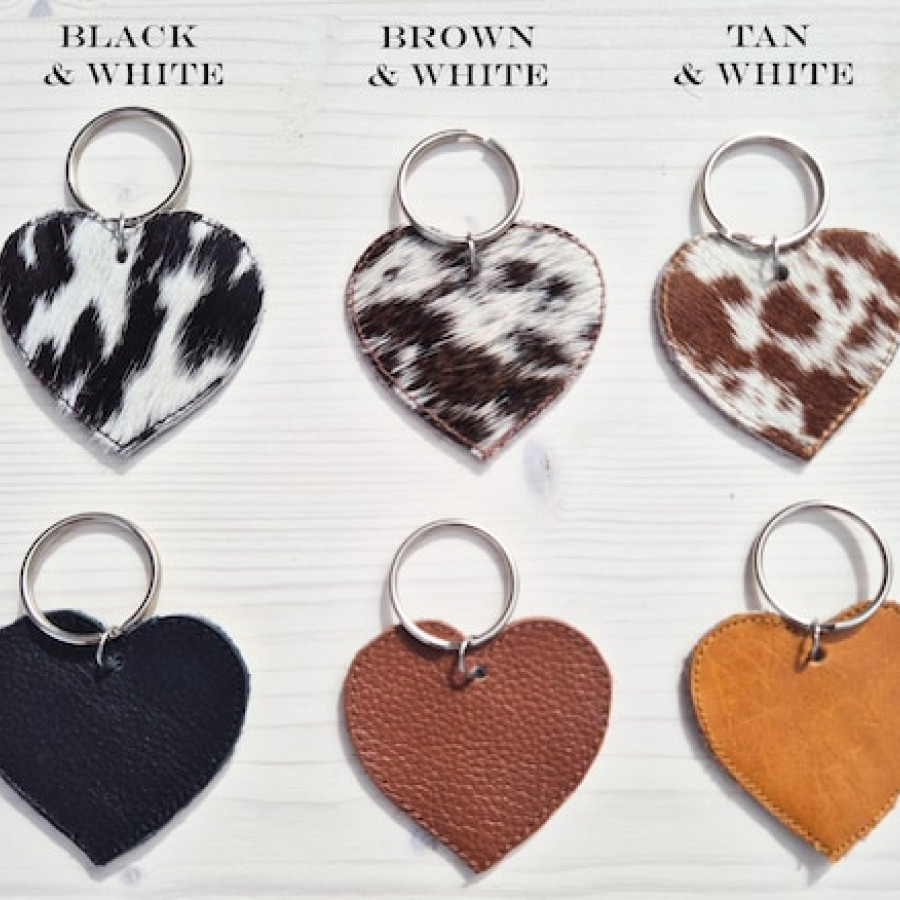 Customisable genuine cowhide and leather double-sided heart-shaped key ring / key chain / bag charm 5