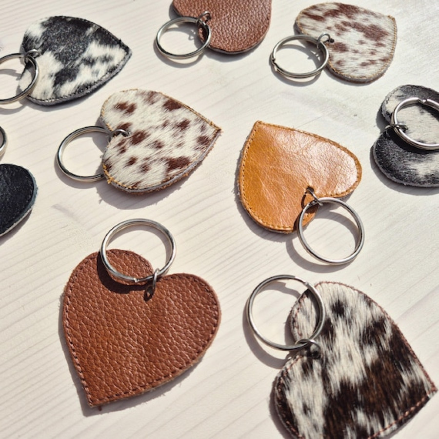 Customisable genuine cowhide and leather double-sided heart-shaped key ring / key chain / bag charm 6