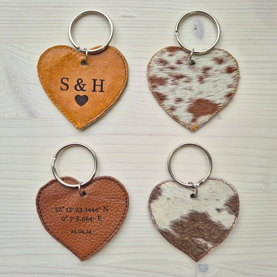 Customisable genuine cowhide and leather double-sided heart-shaped key ring / key chain / bag charm 8
