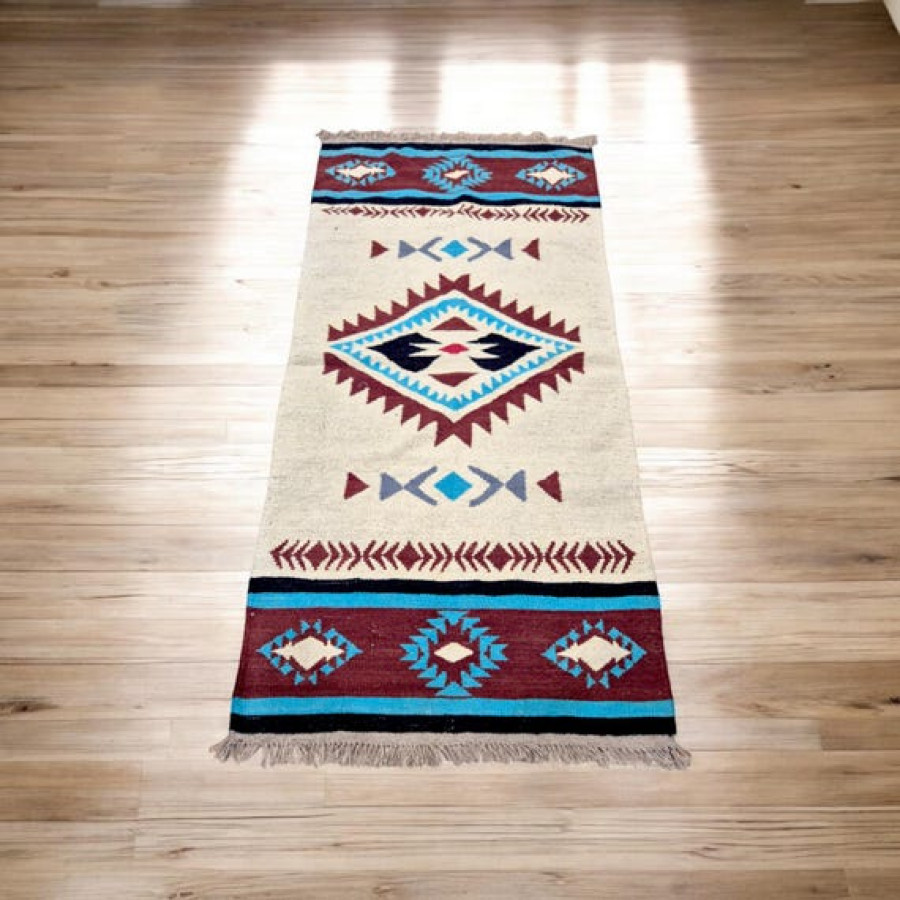 Genuine wool rug with Aztec Navajo southwestern style design - Handwoven jute kilim rug 1