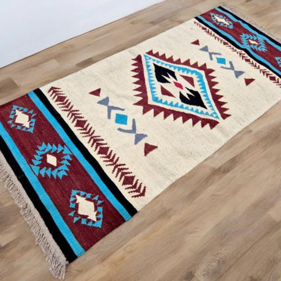 Genuine wool rug with Aztec Navajo southwestern style design - Handwoven jute kilim rug 8