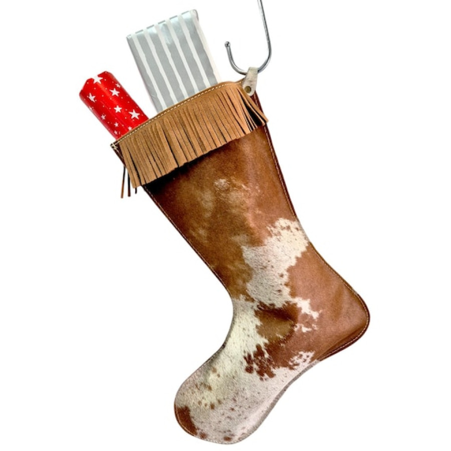 Genuine cowhide and leather Christmas stockings in tan and white 0