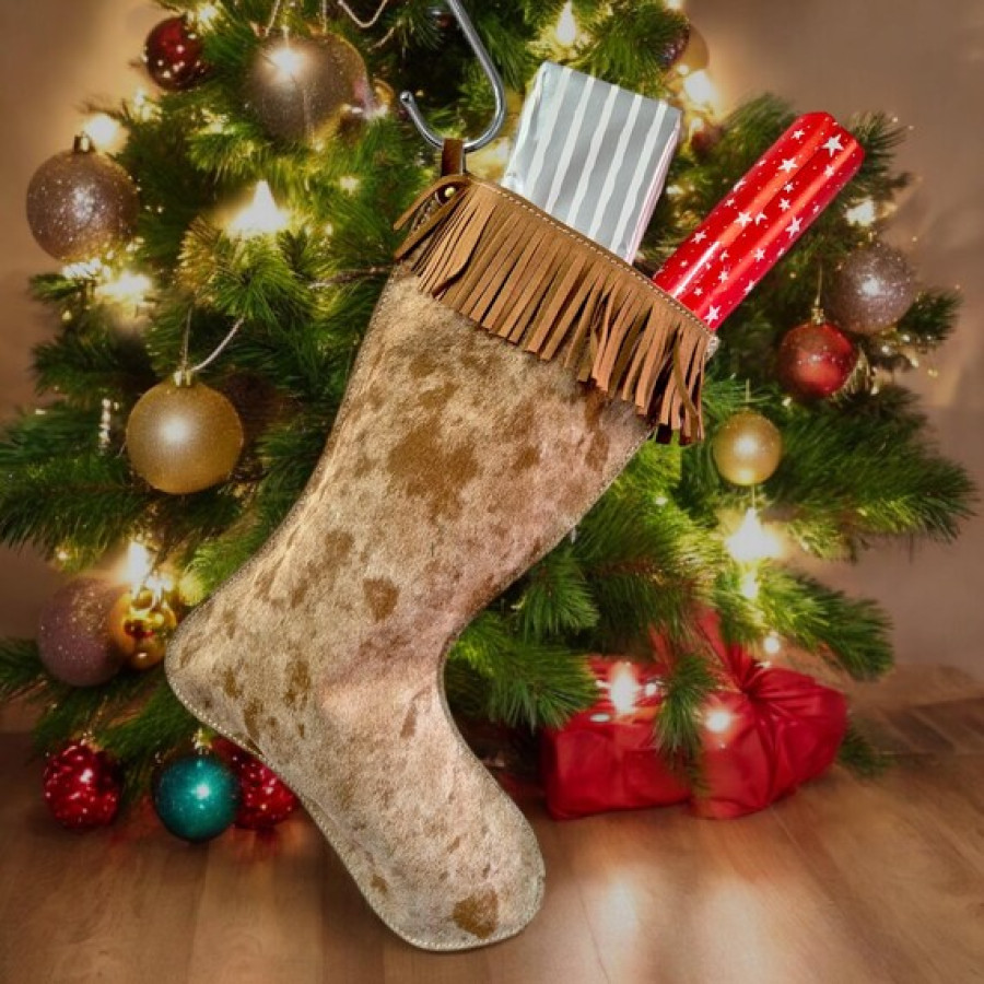 Genuine cowhide and leather Christmas stockings in tan and white 1