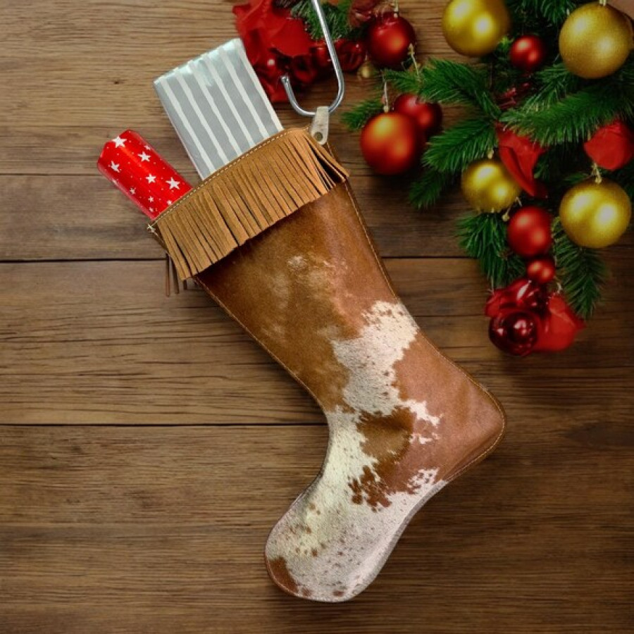 Genuine cowhide and leather Christmas stockings in tan and white 2