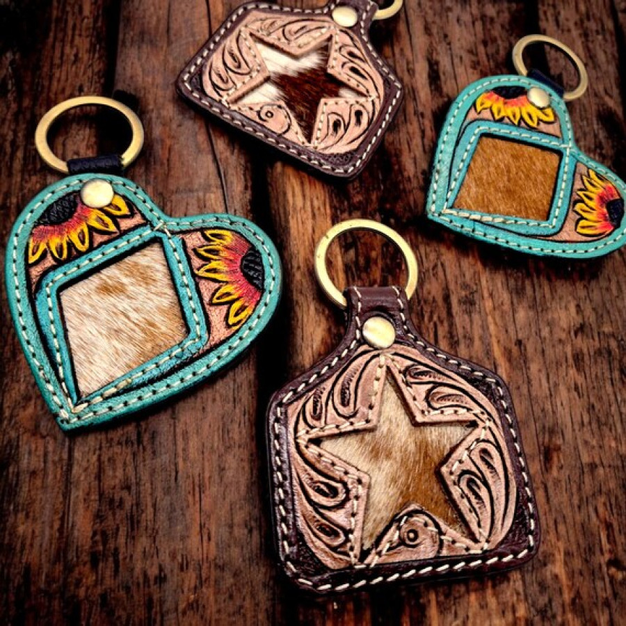 Genuine cowhide & tooled leather key chain - in 2 styles - Cattle tag or Heart shape - key ring 1