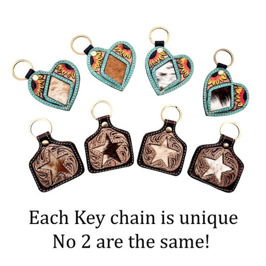 Genuine cowhide & tooled leather key chain - in 2 styles - Cattle tag or Heart shape - key ring 5