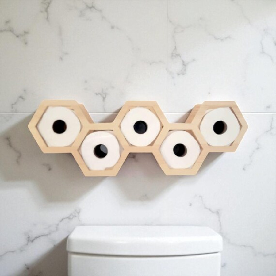 Hexagonal Solid Pine Wood CNC Cut Toilet Roll Holder | Bathroom Storage Organizer | Rustic Toilet Paper Holder | Bathroom Decor 5