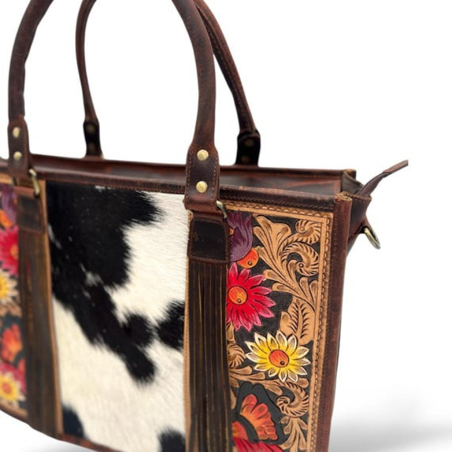 Tooled leather tote bag with Genuine Cowhide | Western design shoulder bag 3