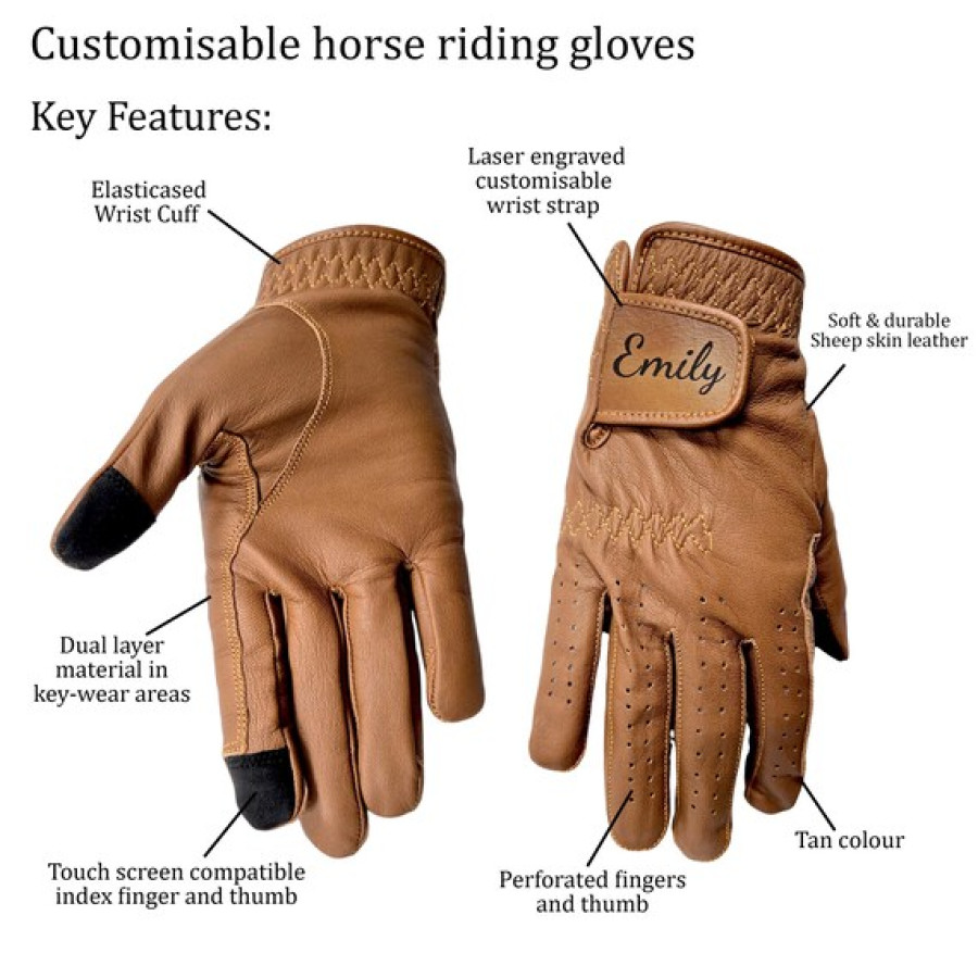 Personalised Ladies Leather Horse Riding Gloves - Laser engraved with text or logo of your choice 1