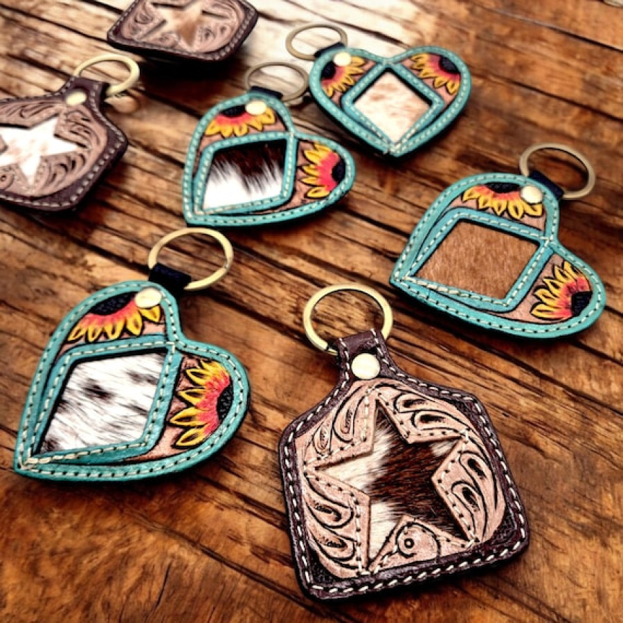 Tooled Leather Cowhide Keychain – Sunflower Heart or Cattle Tag 2