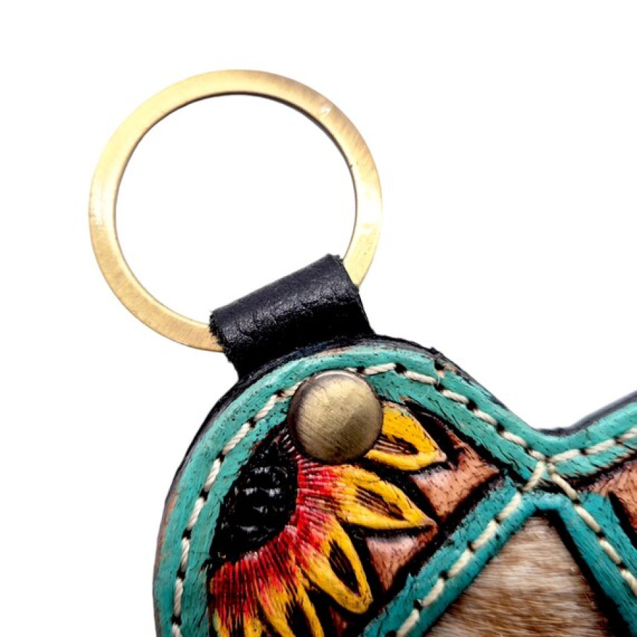 Tooled Leather Cowhide Keychain – Sunflower Heart or Cattle Tag 8