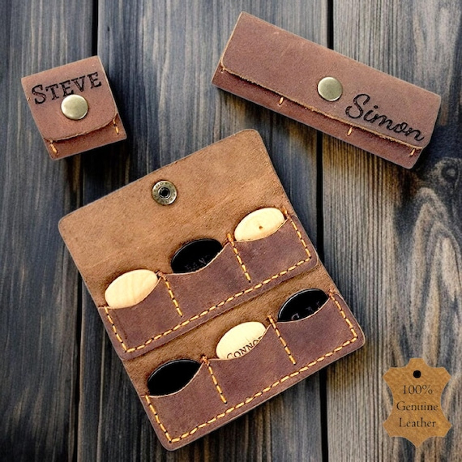 Leather Guitar Pick Pouch - For 3 or 6 Plectrums- Add your text or logo 1