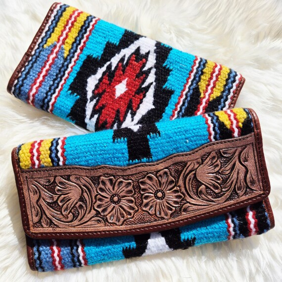 Southwestern style wallet clutch - Tri-fold Design - Aztec style wool & genuine tooled Leather trim 0