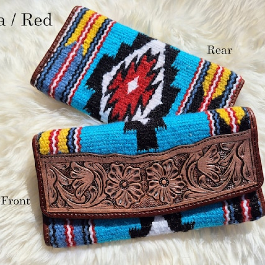 Southwestern style wallet clutch - Tri-fold Design - Aztec style wool & genuine tooled Leather trim 1