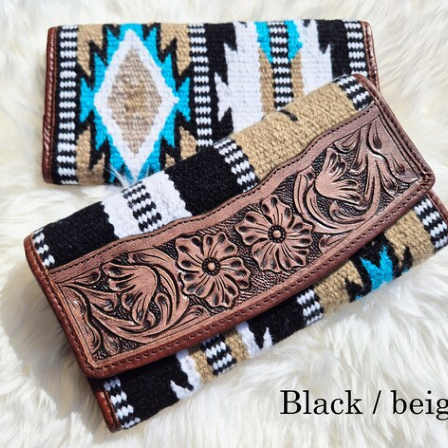 Southwestern style wallet clutch - Tri-fold Design - Aztec style wool & genuine tooled Leather trim 2