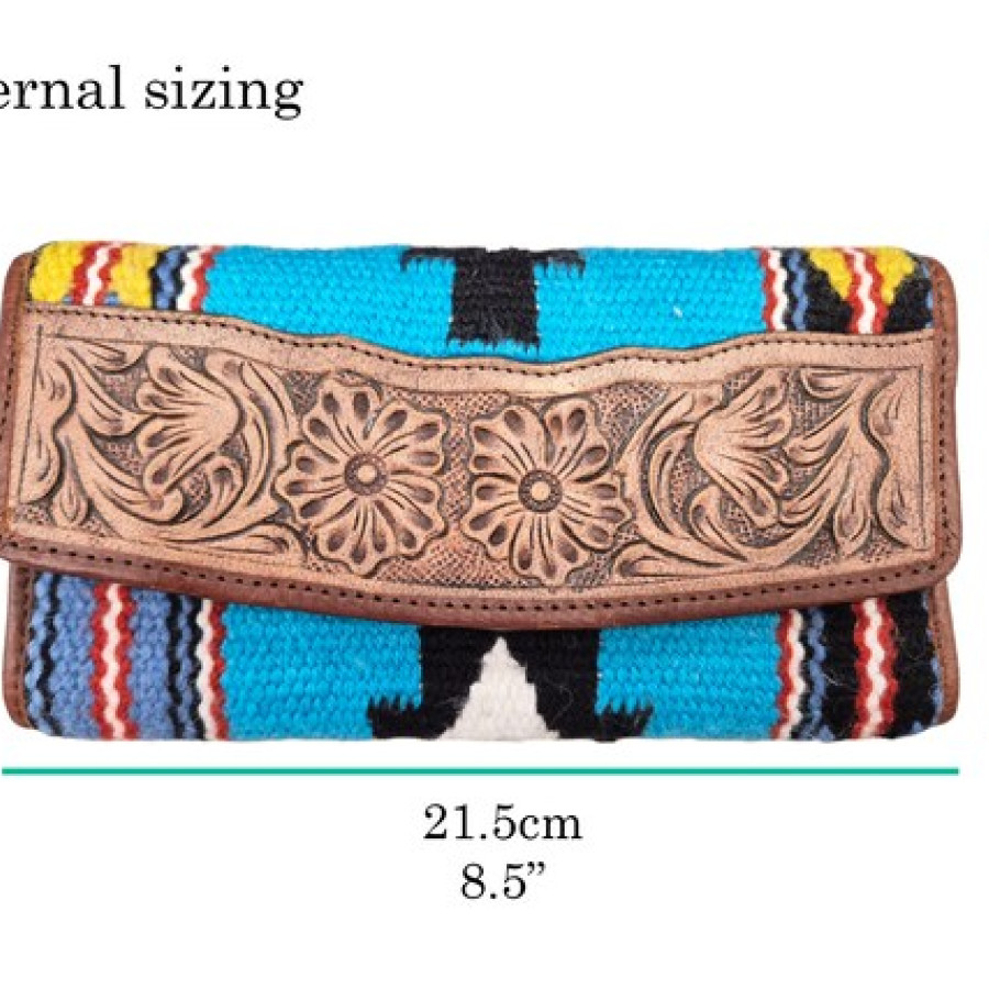 Southwestern style wallet clutch - Tri-fold Design - Aztec style wool & genuine tooled Leather trim 3