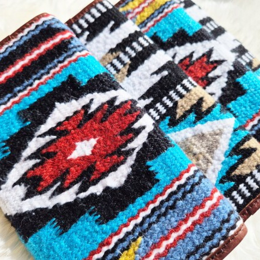 Southwestern style wallet clutch - Tri-fold Design - Aztec style wool & genuine tooled Leather trim 4