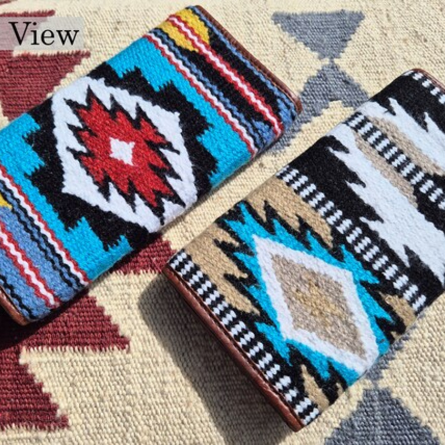 Southwestern style wallet clutch - Tri-fold Design - Aztec style wool & genuine tooled Leather trim 7