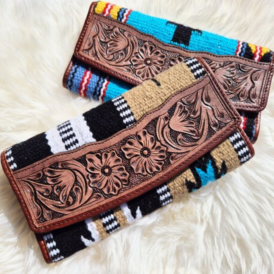 Southwestern style wallet clutch - Tri-fold Design - Aztec style wool & genuine tooled Leather trim 8