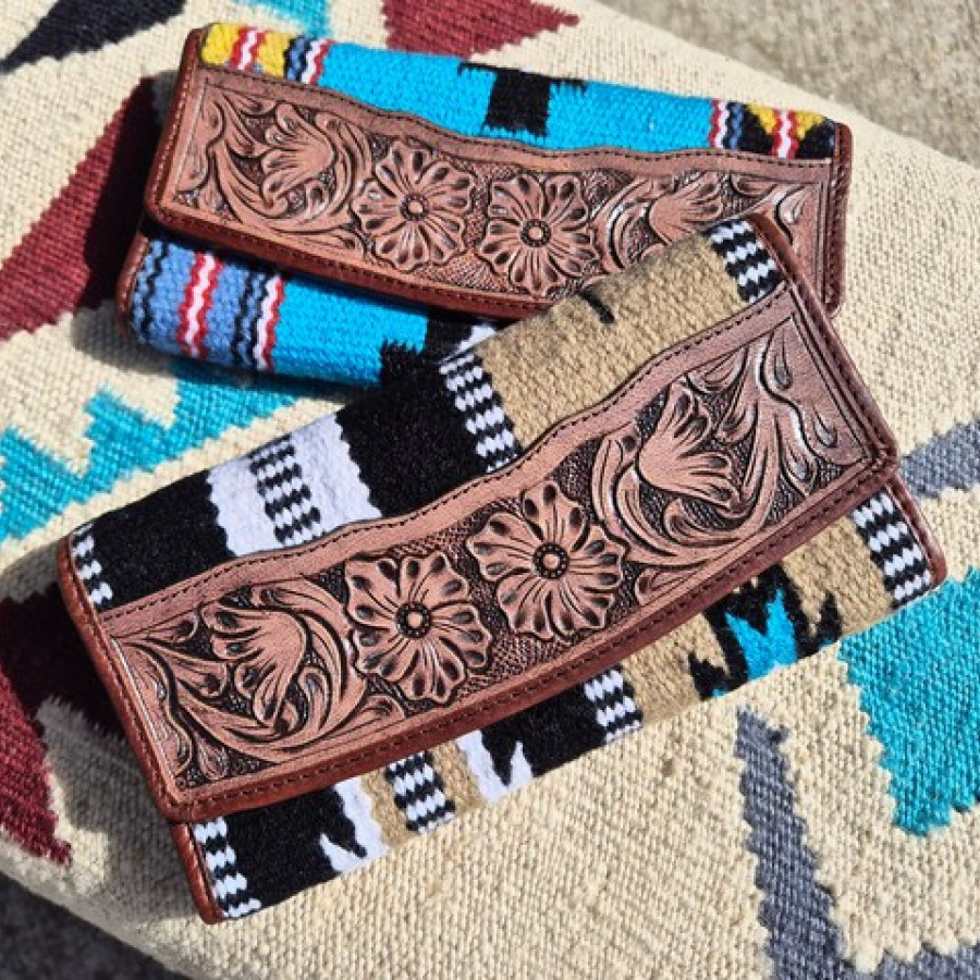 Southwestern style wallet clutch - Tri-fold Design - Aztec style wool & genuine tooled Leather trim 9