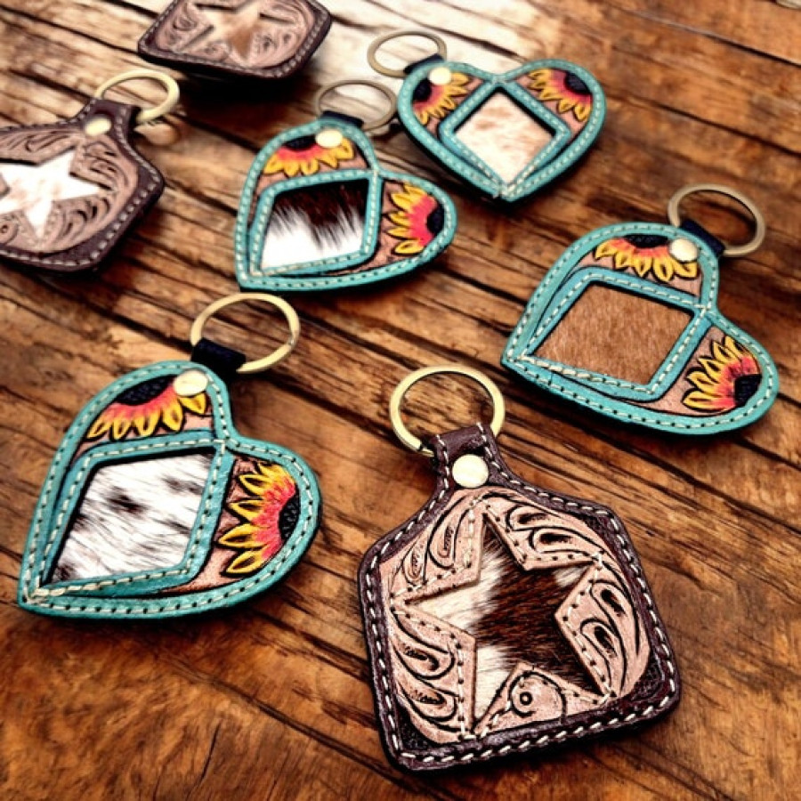 Genuine cowhide & tooled leather key chain | Cattle tag or Heart shape 0