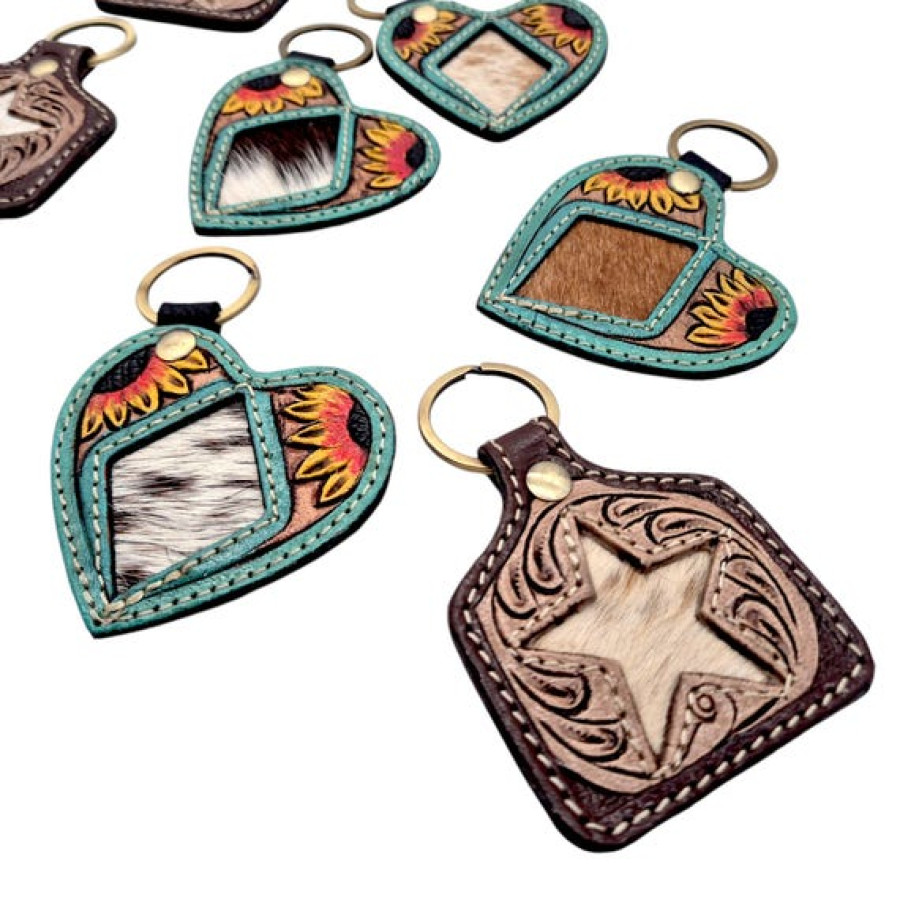 Genuine cowhide & tooled leather key chain | Cattle tag or Heart shape 8
