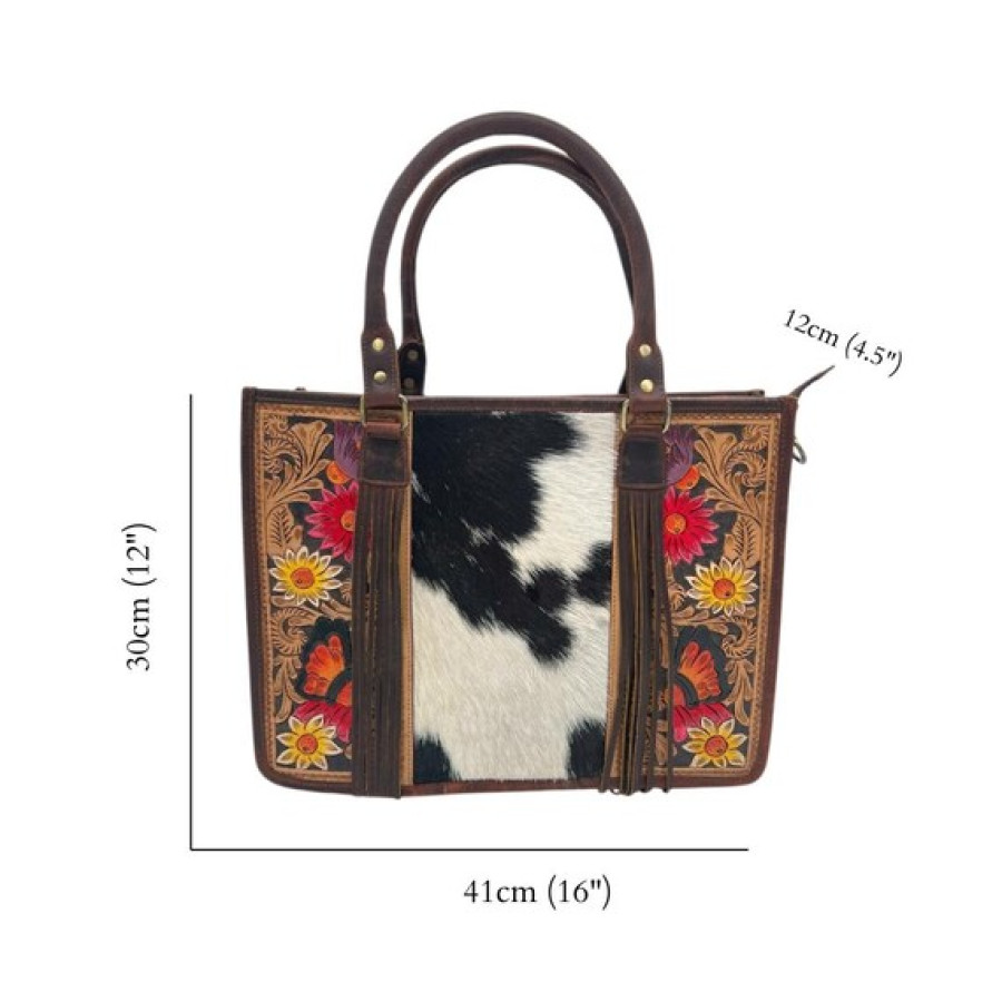 Western style tote bag with Genuine Cowhide and Tooled Leather 2