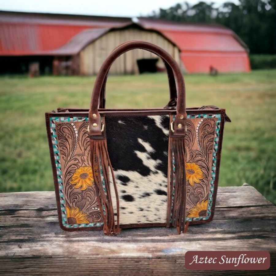 Western style tote bag with Genuine Cowhide and Tooled Leather 5