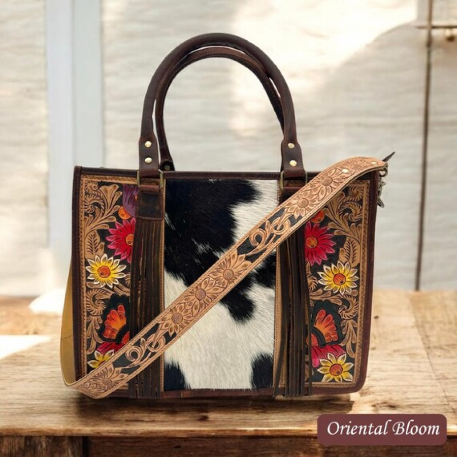 Western style tote bag with Genuine Cowhide and Tooled Leather 6