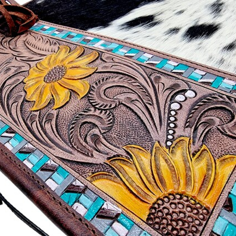Western style tote bag with Genuine Cowhide and Tooled Leather 8