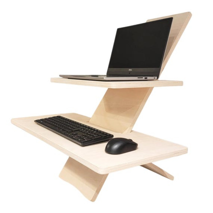 CNC Plywood Adjustable height standing computer desk stand for Monitors and Laptops 4