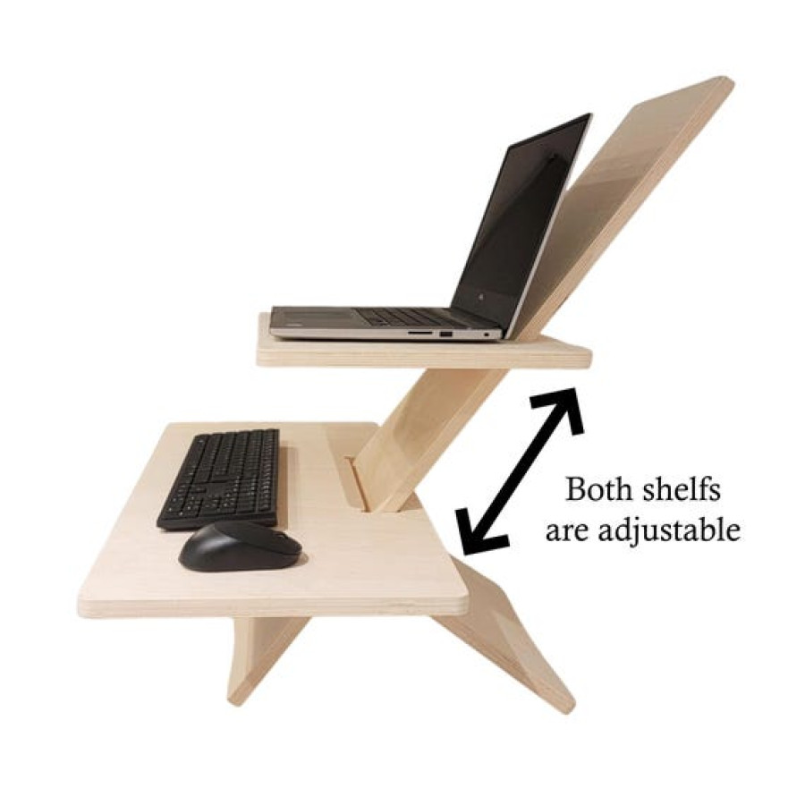 CNC Plywood Adjustable height standing computer desk stand for Monitors and Laptops 5