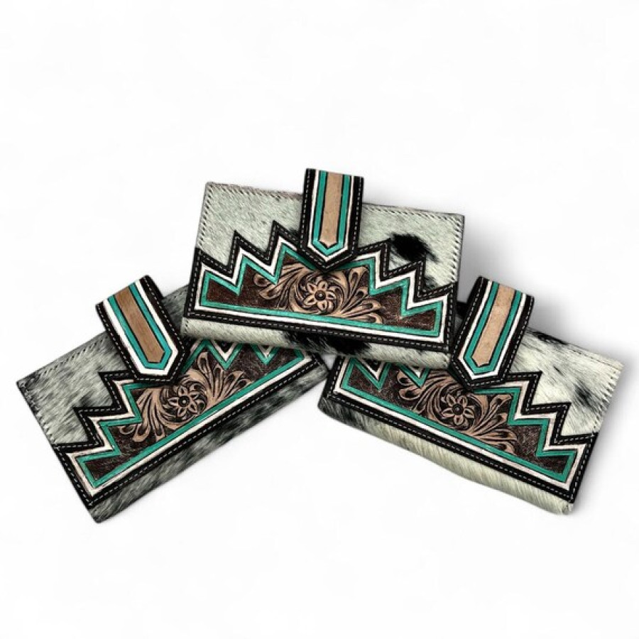 Southwest Cowhide Wallet with Tooled Turquoise Leather Trim – Floral Embossed Fur-On Leather Purse 0