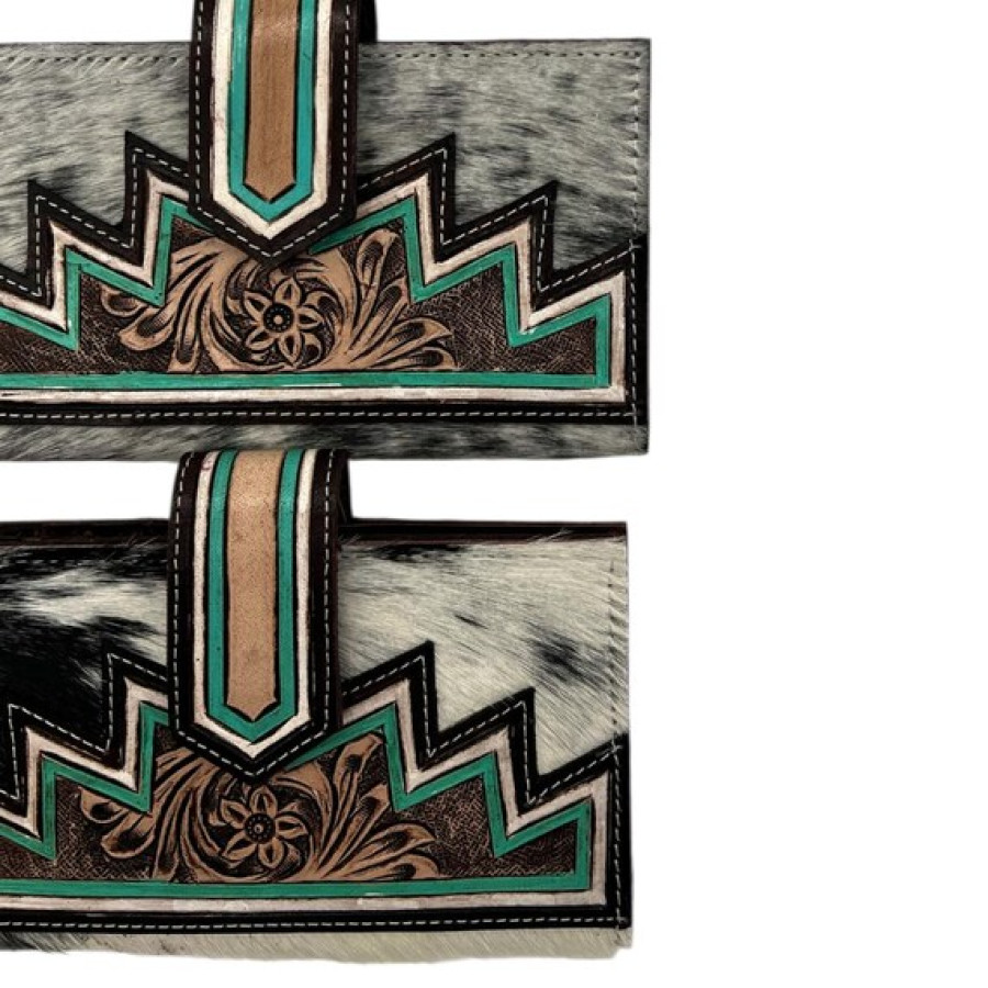 Southwest Cowhide Wallet with Tooled Turquoise Leather Trim – Floral Embossed Fur-On Leather Purse 1