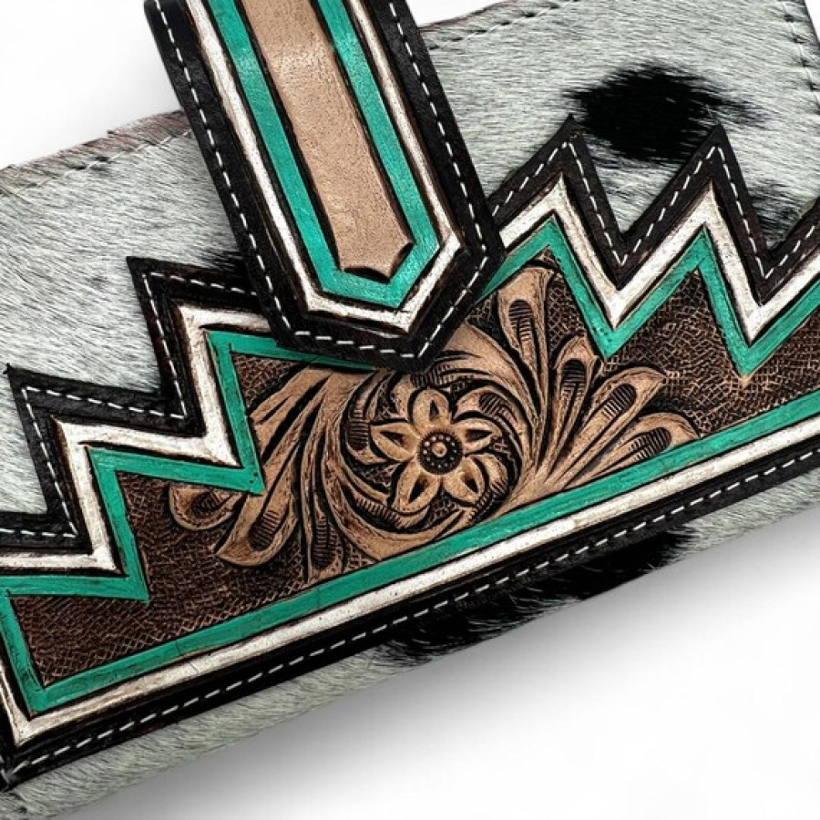 Southwest Cowhide Wallet with Tooled Turquoise Leather Trim – Floral Embossed Fur-On Leather Purse 3