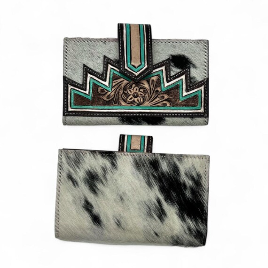 Southwest Cowhide Wallet with Tooled Turquoise Leather Trim – Floral Embossed Fur-On Leather Purse 4