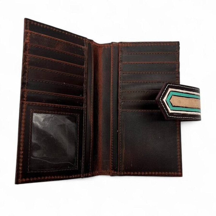 Southwest Cowhide Wallet with Tooled Turquoise Leather Trim – Floral Embossed Fur-On Leather Purse 5