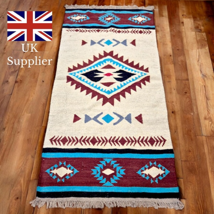 Genuine wool rug with Aztec Navajo southwestern style design - Handwoven jute kilim rug